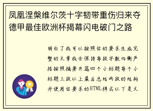 凤凰涅槃维尔茨十字韧带重伤归来夺德甲最佳欧洲杯揭幕闪电破门之路
